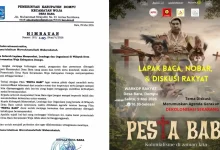 Kolase foto surat imbauan Pemerintah Desa Bara, Dompu, terkait larangan sementara agenda nonton bareng film dokumenter “Pesta Babi” serta poster kegiatan nobar di Warkop Rakyat Desa Bara, Kabupaten Dompu.